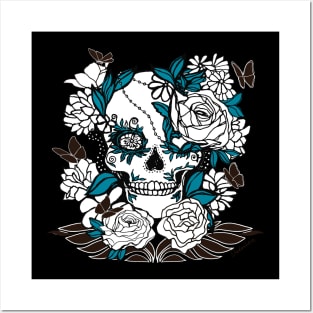 Sugar Skull with Shoulders, Black and Blue Posters and Art